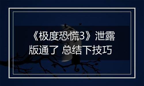 《极度恐慌3》泄露版通了 总结下技巧
