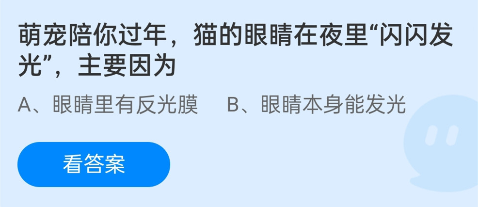 蚂蚁庄园1月13日：萌宠陪你过年，猫的眼睛在夜里闪闪发光主要因为