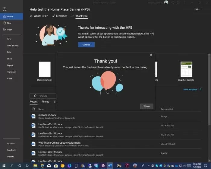 微软给Office测试Home Place Banner  加入更多通知和交互内容