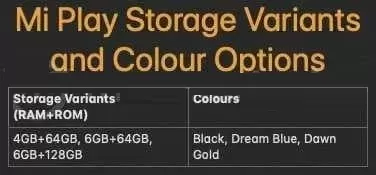 小米Play将提供4+64GB、6+64GB和6+128GB三种配置