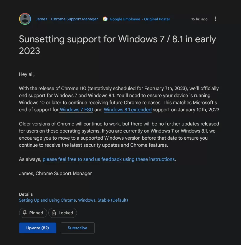 谷歌浏览器将于明年停止支持Windows 7