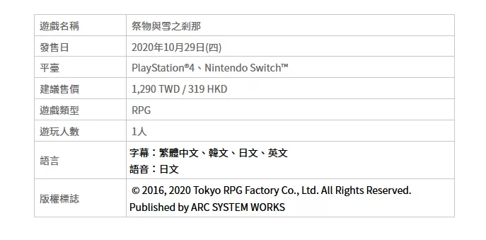 《祭物与雪之刹那》PS4/NS繁体中文版即将上市 具体细节公开