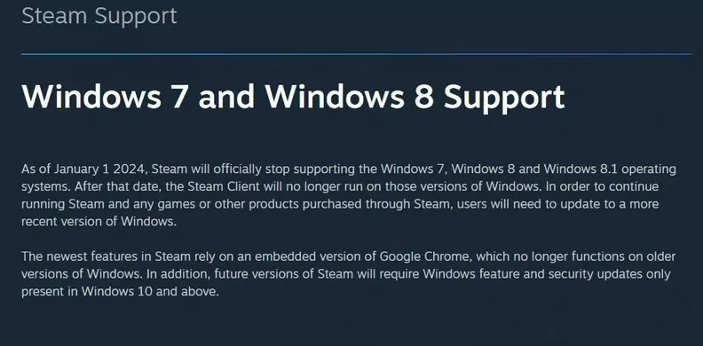 Steam客户端2024年起不再支持微软Win7/8/8.1 系统