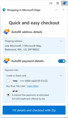 Edge 浏览器新增 Buy now, pay later 功能 等额分期付款