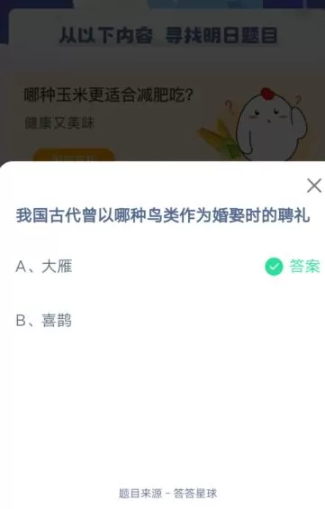 我国古代曾以哪种鸟类作为婚娶时的聘礼?支付宝蚂蚁庄园5月19日答案
