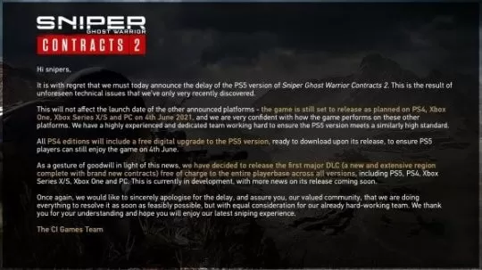 6月5日正式发售(狙击手:幽灵战士契约2)免费DLC