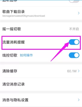 酷狗音乐取消流量消耗提醒的操作过程