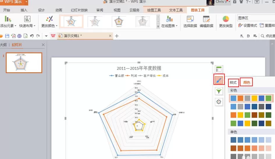 在ppt文件里制作雷达图表的操作步骤