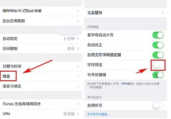 在苹果iPhone8中关闭字符预览功能的具体方法