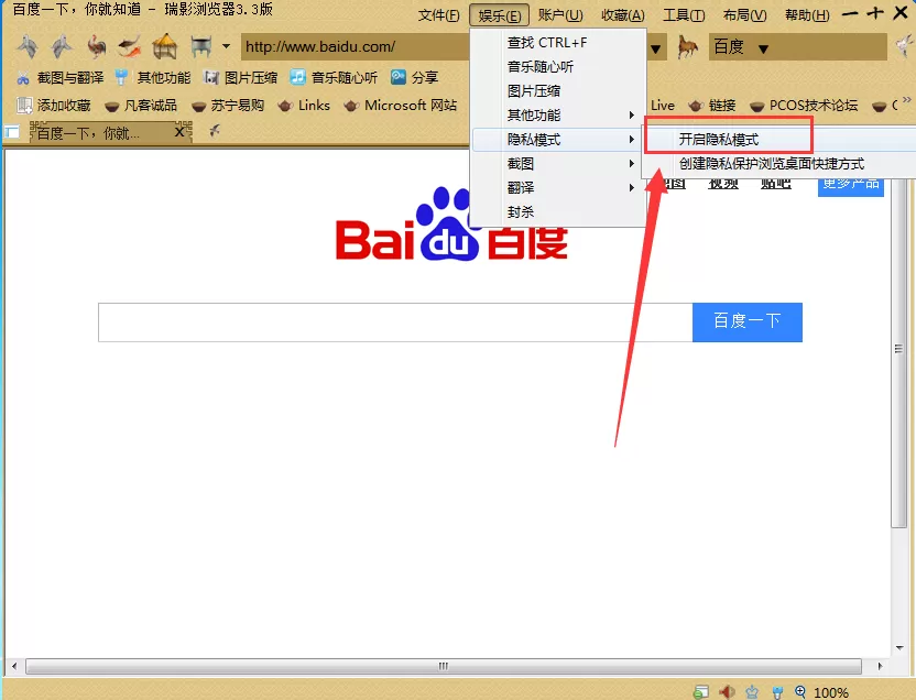 在瑞影浏览器中开启隐私模式的具体操作