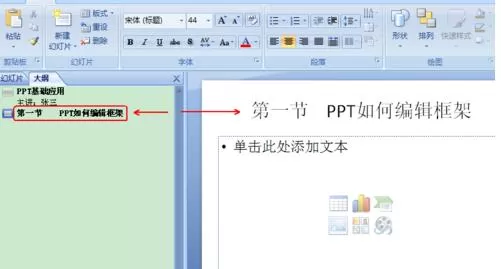 PPT2007如何在大纲模式下编辑框架文字?