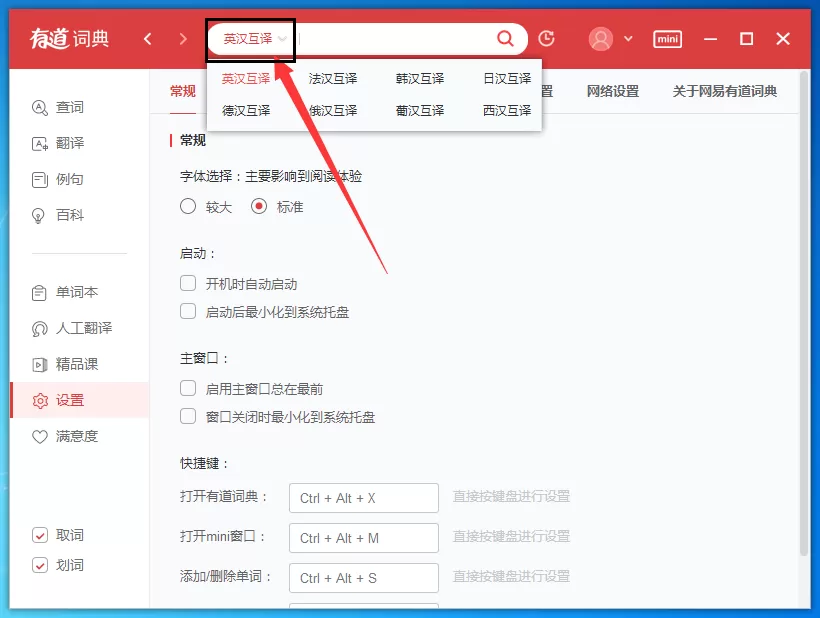 在有道词典中选择翻译语言的具体操作