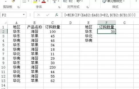 Excel2013中如何求各地区的最小值?