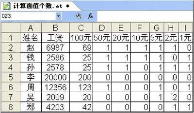 WPS怎么按工资计算不同面额的钞票数量?